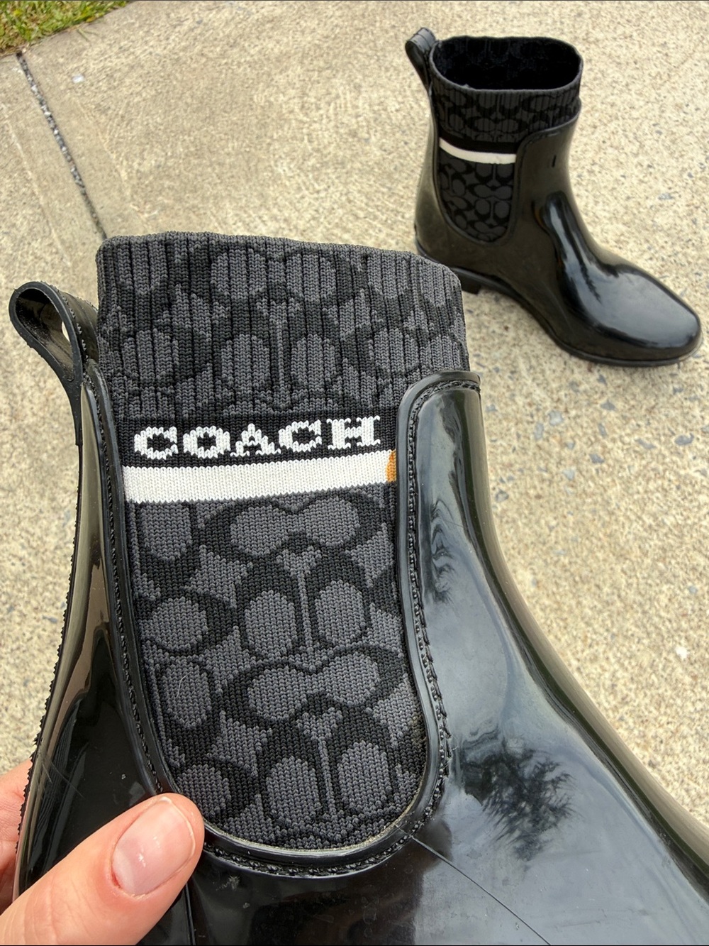 Coach Black Glossy Rain Ankle Boots with Logo Knit Cuff - Picture 2 of 5